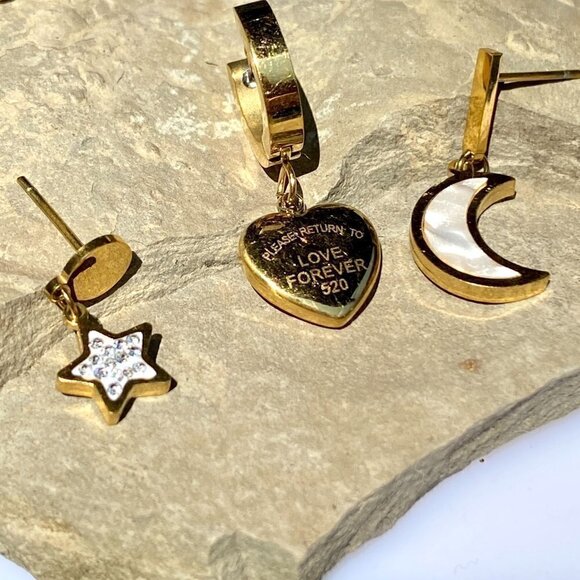 Gold Plated Stainless Steel Set of 6 Earrings - Picture 2 of 13